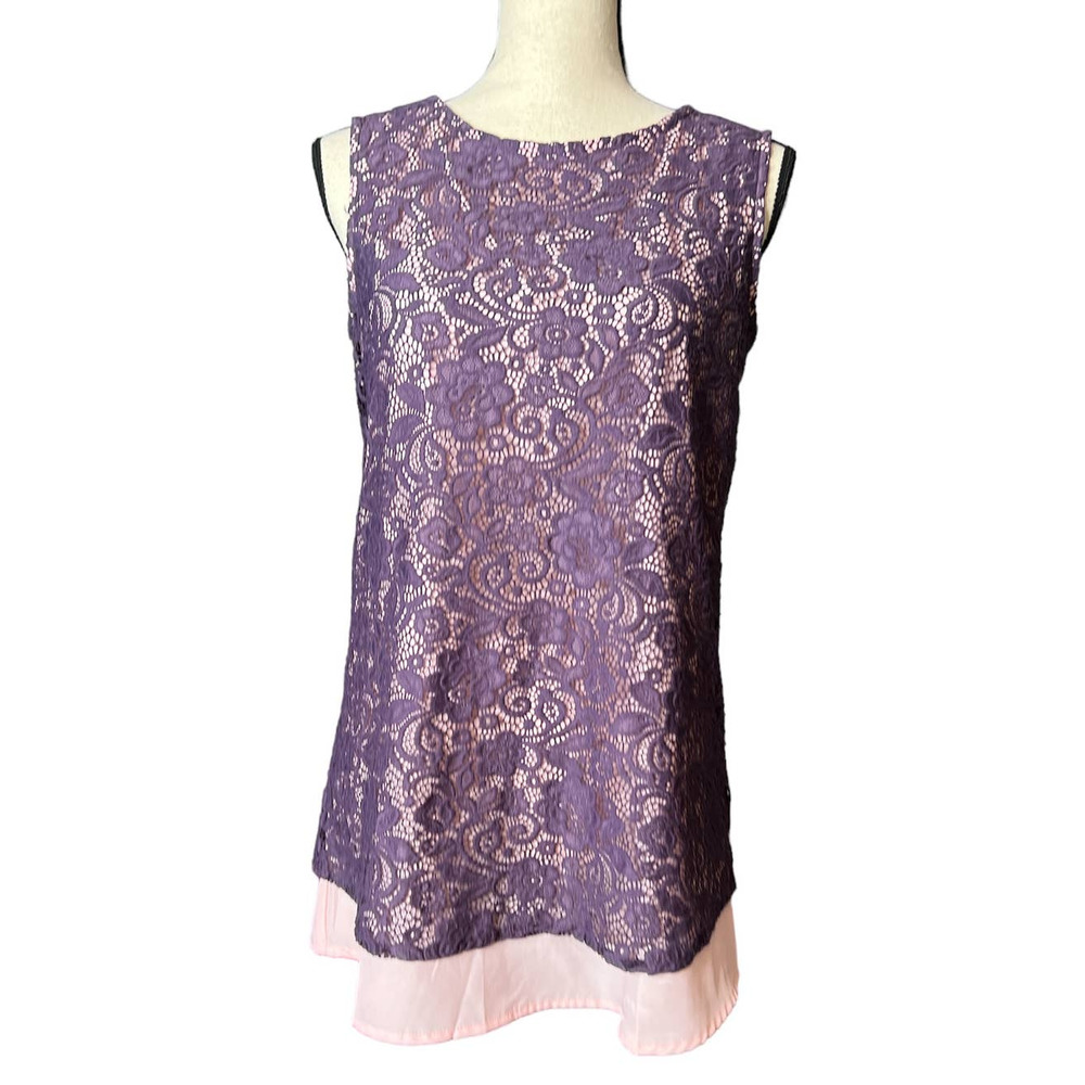 Signature Collection Tunic Top in Purple Lace with Pink Underlay Size Small